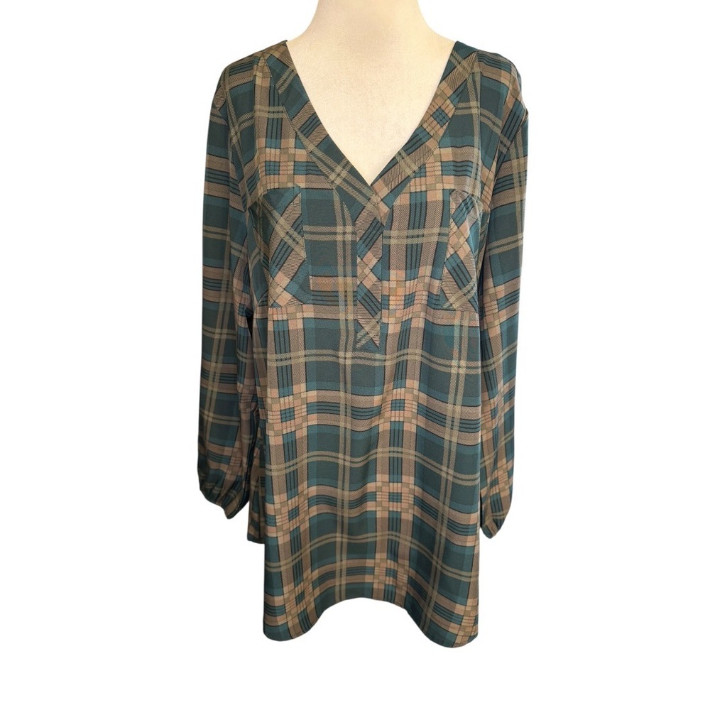 Bloomchic Womens Teal‎ Tan Plaid V-Neck Long Sleeve Blouse Size 12 NWOT